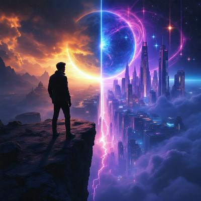 The primary subject of the image is a man standing on a cliff, overlooking a futuristic city with a purple sky. The setting is a combination of a natural landscape and a futuristic urban environment. The visual style appears to be a digital art or illustration, with a vibrant and surreal atmosphere. The colors and mood convey a sense of wonder and awe, as the man takes in the breathtaking view of the city below.